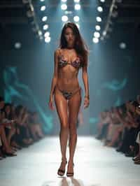 front view of woman striding confidently down a fashion runway in bikini, surrounded by flashing camera lights.