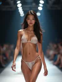 front view of woman striding confidently down a fashion runway in bikini, surrounded by flashing camera lights.