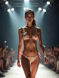 front view of woman striding confidently down a fashion runway in bikini, surrounded by flashing camera lights.