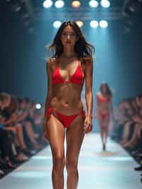 front view of woman striding confidently down a fashion runway in bikini, surrounded by flashing camera lights.