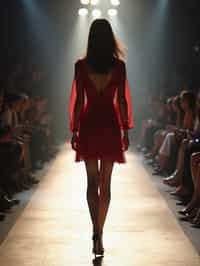 back view of woman striding confidently down a fashion runway, surrounded by flashing camera lights.