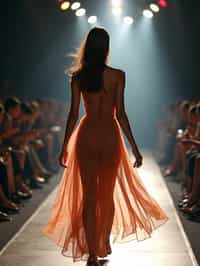 back view of woman striding confidently down a fashion runway, surrounded by flashing camera lights.