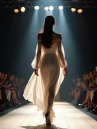 back view of woman striding confidently down a fashion runway, surrounded by flashing camera lights.