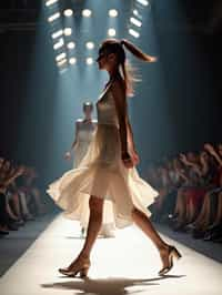 side view of woman striding confidently down a fashion runway, captured mid-twirl, surrounded by flashing camera lights.