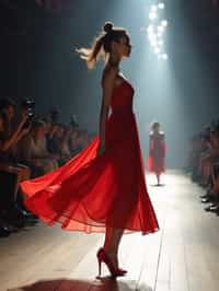 side view of woman striding confidently down a fashion runway, captured mid-twirl, surrounded by flashing camera lights.