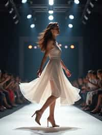 side view of woman striding confidently down a fashion runway, captured mid-twirl, surrounded by flashing camera lights.