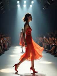 side view of woman striding confidently down a fashion runway, captured mid-twirl, surrounded by flashing camera lights.