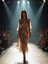 front view of woman striding confidently down a fashion runway, surrounded by flashing camera lights.