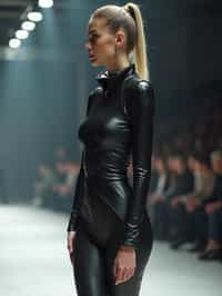 side view of woman walking on a fashion runway in an industrial space, showcasing a futuristic outfit with sharp lines