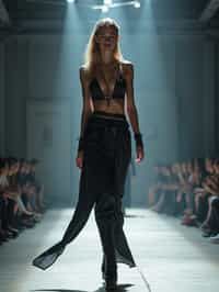 side view of woman walking on a fashion runway in an industrial space, showcasing a futuristic outfit with sharp lines