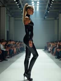 side view of woman walking on a fashion runway in an industrial space, showcasing a futuristic outfit with sharp lines