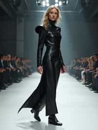 side view of woman walking on a fashion runway in an industrial space, showcasing a futuristic outfit with sharp lines