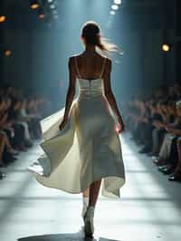 back view of woman walking on a fashion runway in an industrial space, captured mid-twirl, showcasing a futuristic outfit with sharp lines