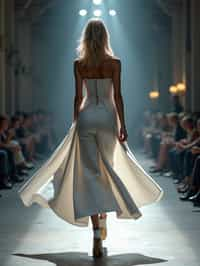 back view of woman walking on a fashion runway in an industrial space, captured mid-twirl, showcasing a futuristic outfit with sharp lines