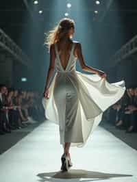 back view of woman walking on a fashion runway in an industrial space, captured mid-twirl, showcasing a futuristic outfit with sharp lines