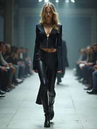 front view of woman walking on a fashion runway in an industrial space, showcasing a futuristic outfit with sharp lines