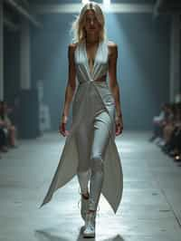 front view of woman walking on a fashion runway in an industrial space, showcasing a futuristic outfit with sharp lines