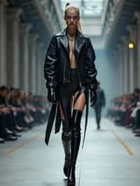 front view of woman walking on a fashion runway in an industrial space, showcasing a futuristic outfit with sharp lines