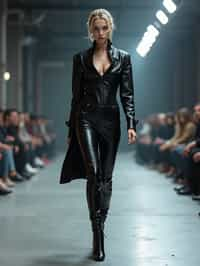 front view of woman walking on a fashion runway in an industrial space, showcasing a futuristic outfit with sharp lines