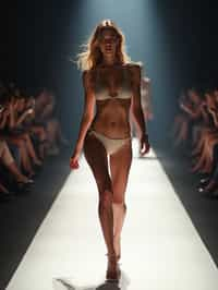 side view of woman striding confidently down a fashion runway in bikini, surrounded by flashing camera lights.