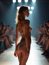 side view of woman striding confidently down a fashion runway in bikini, surrounded by flashing camera lights.