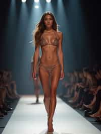 side view of woman striding confidently down a fashion runway in bikini, surrounded by flashing camera lights.