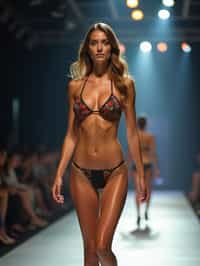 side view of woman striding confidently down a fashion runway in bikini, surrounded by flashing camera lights.