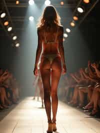 back view of woman striding confidently down a fashion runway in bikini, captured mid-twirl, surrounded by flashing camera lights.