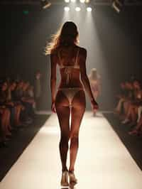 back view of woman striding confidently down a fashion runway in bikini, captured mid-twirl, surrounded by flashing camera lights.