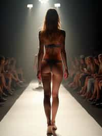 back view of woman striding confidently down a fashion runway in bikini, captured mid-twirl, surrounded by flashing camera lights.