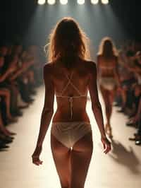 back view of woman striding confidently down a fashion runway in bikini, captured mid-twirl, surrounded by flashing camera lights.