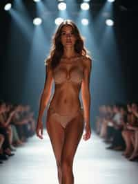 front view of woman striding confidently down a fashion runway in bikini, surrounded by flashing camera lights.