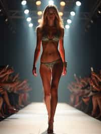 front view of woman striding confidently down a fashion runway in bikini, surrounded by flashing camera lights.