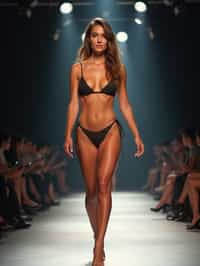 front view of woman striding confidently down a fashion runway in bikini, surrounded by flashing camera lights.