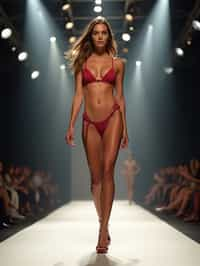 front view of woman striding confidently down a fashion runway in bikini, surrounded by flashing camera lights.