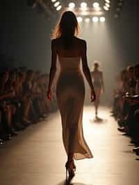 back view of woman striding confidently down a fashion runway, surrounded by flashing camera lights.