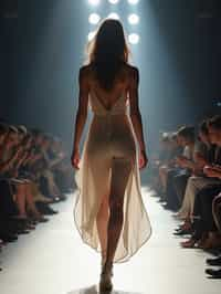 back view of woman striding confidently down a fashion runway, surrounded by flashing camera lights.