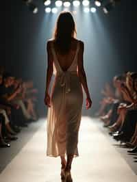 back view of woman striding confidently down a fashion runway, surrounded by flashing camera lights.