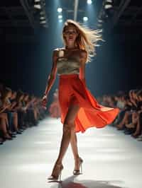 side view of woman striding confidently down a fashion runway, captured mid-twirl, surrounded by flashing camera lights.