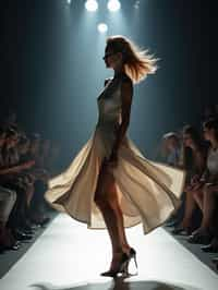 side view of woman striding confidently down a fashion runway, captured mid-twirl, surrounded by flashing camera lights.