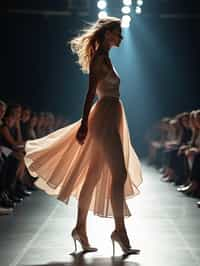 side view of woman striding confidently down a fashion runway, captured mid-twirl, surrounded by flashing camera lights.