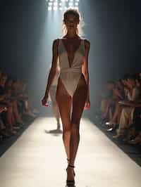 front view of woman striding confidently down a fashion runway, surrounded by flashing camera lights.