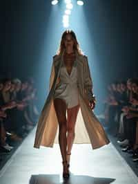 front view of woman striding confidently down a fashion runway, surrounded by flashing camera lights.