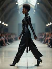 side view of woman walking on a fashion runway in an industrial space, showcasing a futuristic outfit with sharp lines