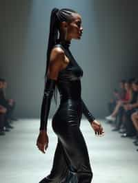 side view of woman walking on a fashion runway in an industrial space, showcasing a futuristic outfit with sharp lines