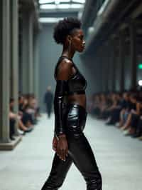 side view of woman walking on a fashion runway in an industrial space, showcasing a futuristic outfit with sharp lines