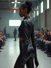 side view of woman walking on a fashion runway in an industrial space, showcasing a futuristic outfit with sharp lines