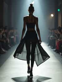 back view of woman walking on a fashion runway in an industrial space, captured mid-twirl, showcasing a futuristic outfit with sharp lines