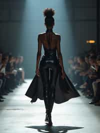 back view of woman walking on a fashion runway in an industrial space, captured mid-twirl, showcasing a futuristic outfit with sharp lines