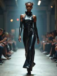 front view of woman walking on a fashion runway in an industrial space, showcasing a futuristic outfit with sharp lines